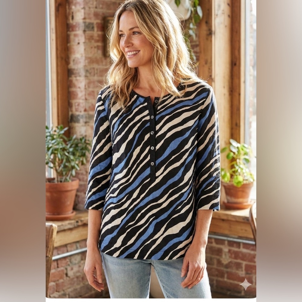 Jones New York blue 100% linen blue‎ white black stripes size L petite